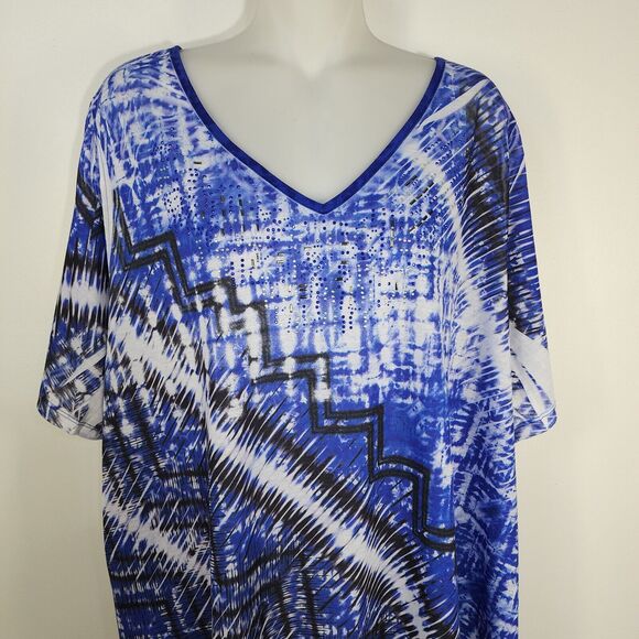 Catherines Womens Tunic Top 1X V Neck Short Sleeve Blue Printed Beaded Strappy - Picture 3 of 10
